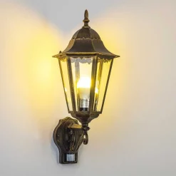 Applique Murale D'Exterieur Hongkong Brun Dore, 1 Lumiere, Detecteur De Mouvement