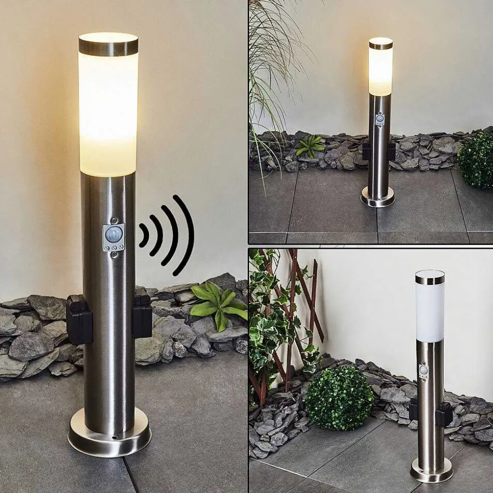 Borne Lumineuse Gaborone Led Nickel Mat, 1 Lumiere, Detecteur De Mouvement