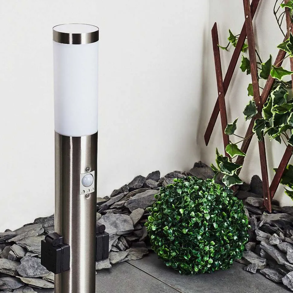 Borne Lumineuse Gaborone Led Nickel Mat, 1 Lumiere, Detecteur De Mouvement