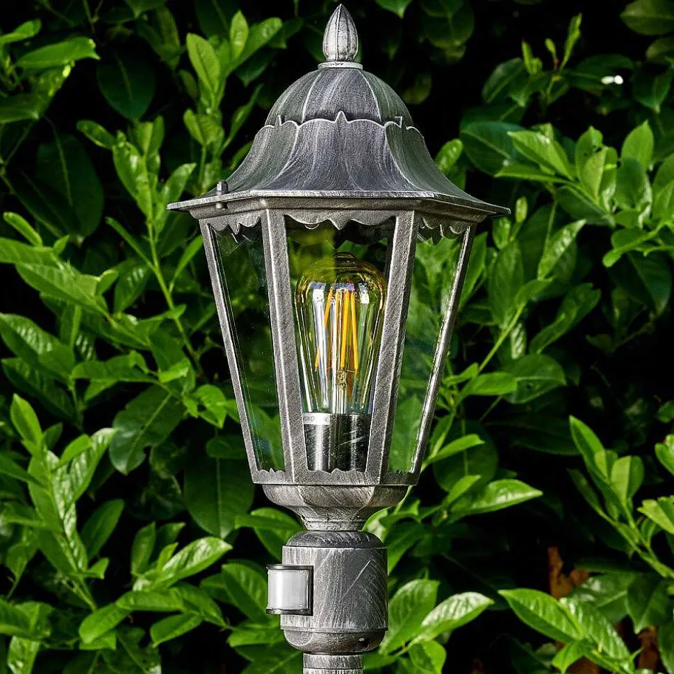 Lampadaire Exterieur Lignac Noir, Argente, 1 Lumiere, Detecteur De Mouvement