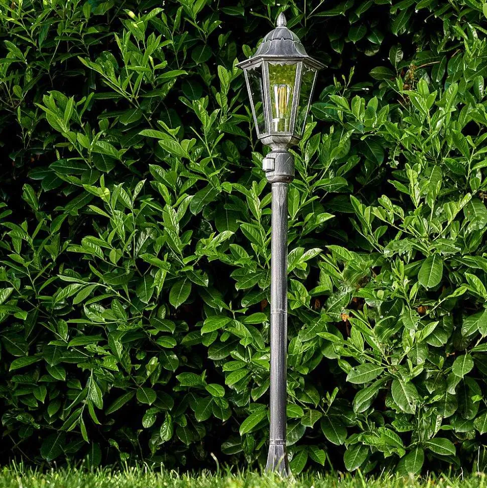 Lampadaire Exterieur Lignac Noir, Argente, 1 Lumiere, Detecteur De Mouvement