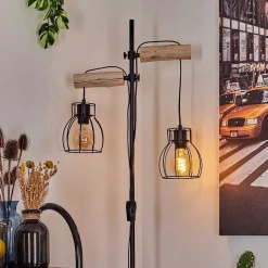 Lampadaire Gondo Bois Clair, Noir, 2 Lumieres