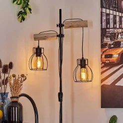 Lampadaire Gondo Bois Clair, Noir, 2 Lumieres