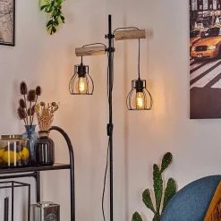 Lampadaire Gondo Bois Clair, Noir, 2 Lumieres