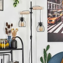 Lampadaire Gondo Bois Clair, Noir, 2 Lumieres