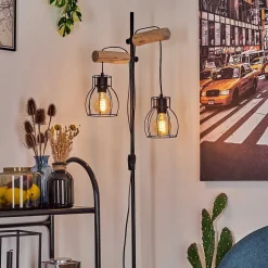 Lampadaire Gondo Bois Clair, Noir, 2 Lumieres