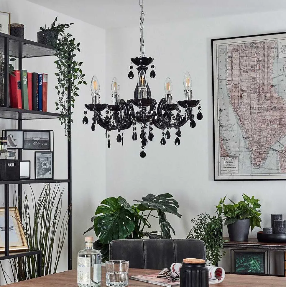 Lustre Malmback Chrome, Noir, 5 Lumieres