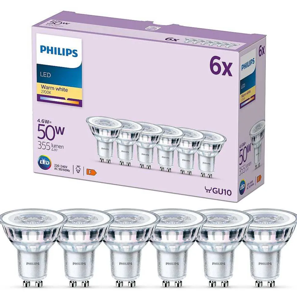 Philips Classic Lot De 6 Led Gu10 4,6 Watt 2700 Kelvin 355 Lumen