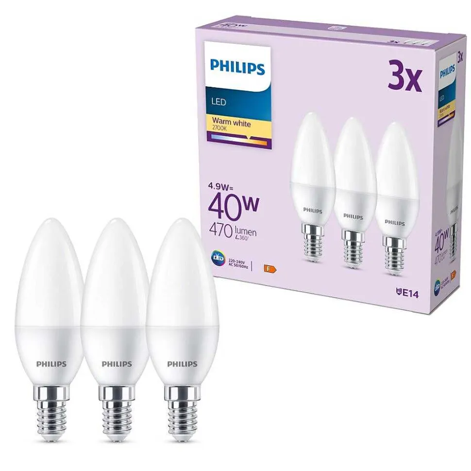 Philips Classic Lot De 3 Led E14 4,9 Watt 2700 Kelvin 470 Lumen