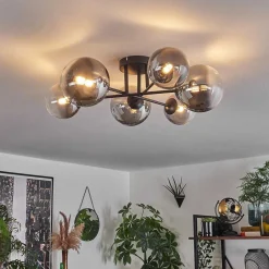 Plafonnier - Verre 12 Cm, 15 Cm Chehalis Clair, Fume, 6 Lumieres