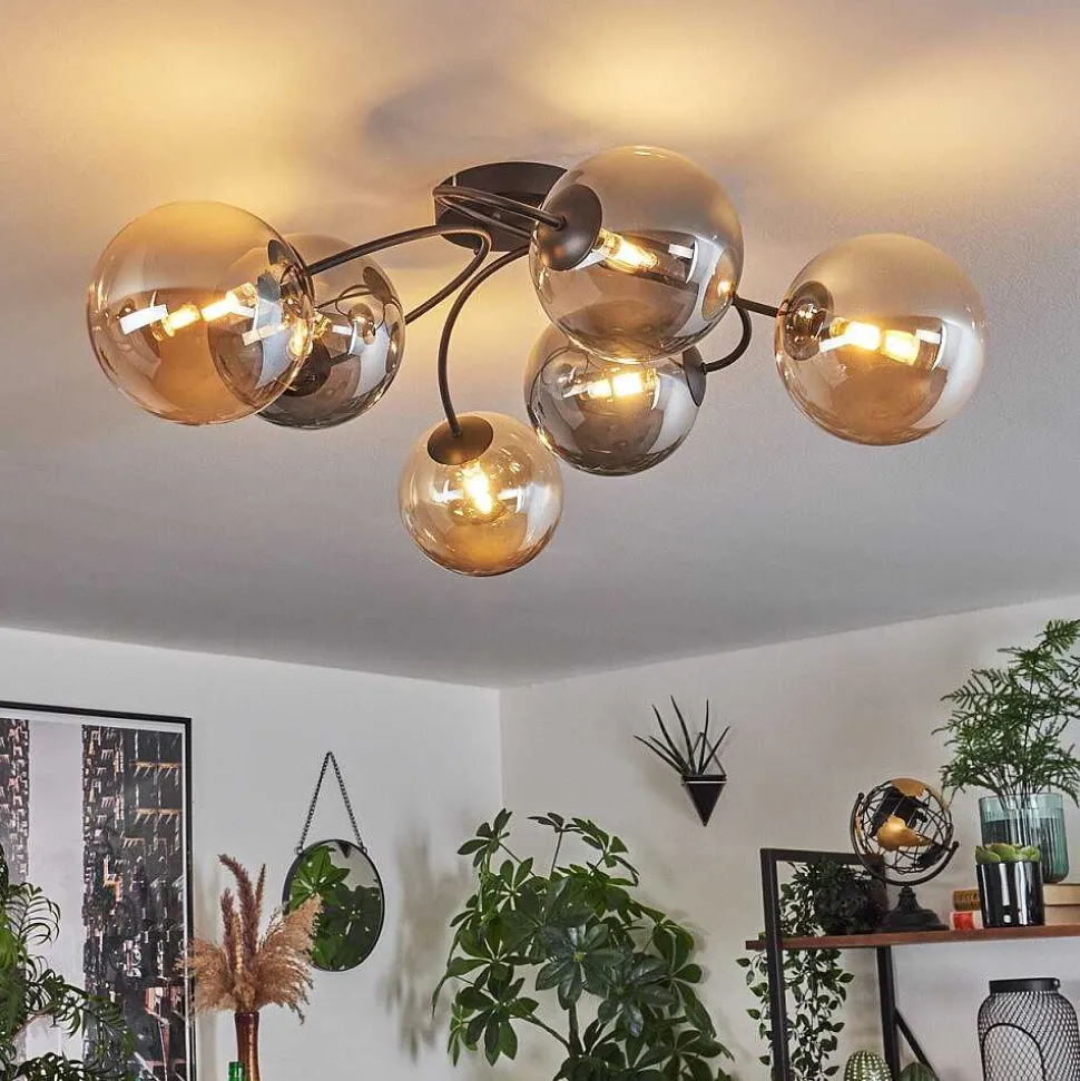 Plafonnier - Verre Chehalis Ambre, Fume, 6 Lumieres