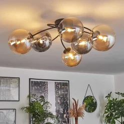 Plafonnier - Verre Chehalis Ambre, Fume, 6 Lumieres