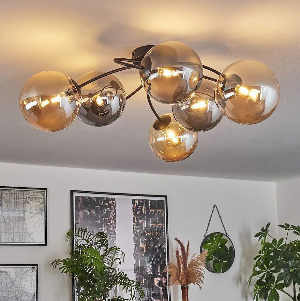 Plafonnier - Verre Chehalis Ambre, Fume, 6 Lumieres