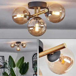 Plafonnier - Verre Chehalis Or, Noir, 3 Lumieres