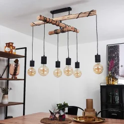 Plafonnier Ajaccio Bois Clair, Noir, 6 Lumieres