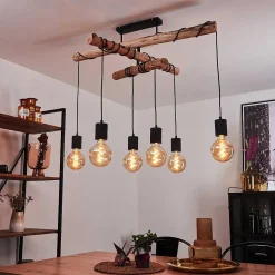 Plafonnier Ajaccio Bois Clair, Noir, 6 Lumieres