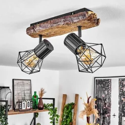 Plafonnier Bardhaman Bois Clair, Couleur Bois, Noir, 2 Lumieres