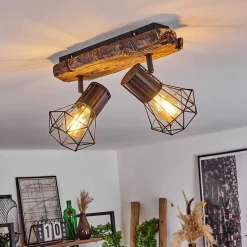 Plafonnier Bardhaman Bois Clair, Couleur Bois, Noir, 2 Lumieres