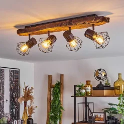 Plafonnier Bardhaman Brun, Couleur Bois, Noir, 4 Lumieres