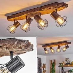 Plafonnier Bardhaman Brun, Couleur Bois, Noir, 4 Lumieres