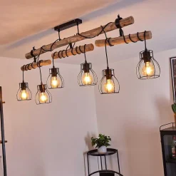 Plafonnier Gondo Bois Clair, Noir, 6 Lumieres