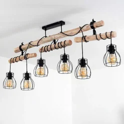 Plafonnier Gondo Bois Clair, Noir, 6 Lumieres