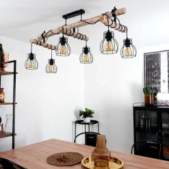 Plafonnier Gondo Bois Clair, Noir, 6 Lumieres