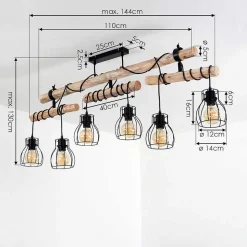 Plafonnier Gondo Bois Clair, Noir, 6 Lumieres