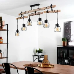 Plafonnier Gondo Bois Clair, Noir, 6 Lumieres