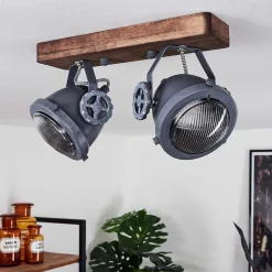 Plafonnier Herford Gris, Bois Fonce, 2 Lumieres