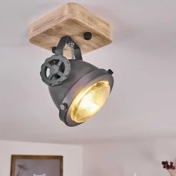 Plafonnier Herford Gris, Bois Clair, 1 Lumiere