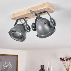 Plafonnier Herford Gris, Bois Clair, 2 Lumieres