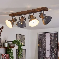 Plafonnier Orny Gris, Bois Fonce, 4 Lumieres