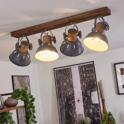 Plafonnier Orny Gris, Bois Fonce, 4 Lumieres