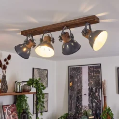 Plafonnier Orny Gris, Bois Fonce, 4 Lumieres