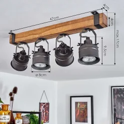 Plafonnier Pehefito Gris, Bois Fonce, Noir, 4 Lumieres