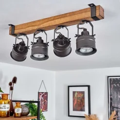 Plafonnier Pehefito Gris, Bois Fonce, Noir, 4 Lumieres