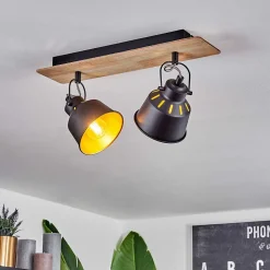 Plafonnier Safari Chrome, Bois Clair, Noir, 2 Lumieres