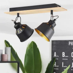 Plafonnier Safari Chrome, Bois Clair, Noir, 2 Lumieres