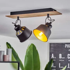 Plafonnier Safari Chrome, Bois Clair, Noir, 2 Lumieres