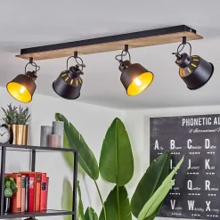 Plafonnier Safari Chrome, Bois Clair, Noir, 4 Lumieres