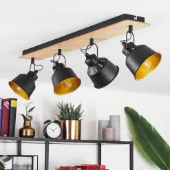 Plafonnier Safari Chrome, Bois Clair, Noir, 4 Lumieres