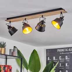 Plafonnier Safari Chrome, Bois Clair, Noir, 4 Lumieres