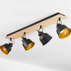 Plafonnier Safari Chrome, Bois Clair, Noir, 4 Lumieres