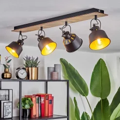 Plafonnier Safari Chrome, Bois Clair, Noir, 4 Lumieres