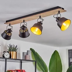 Plafonnier Safari Chrome, Bois Clair, Noir, 4 Lumieres