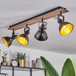 Plafonnier Tina Chrome, Bois Fonce, Noir, 4 Lumieres