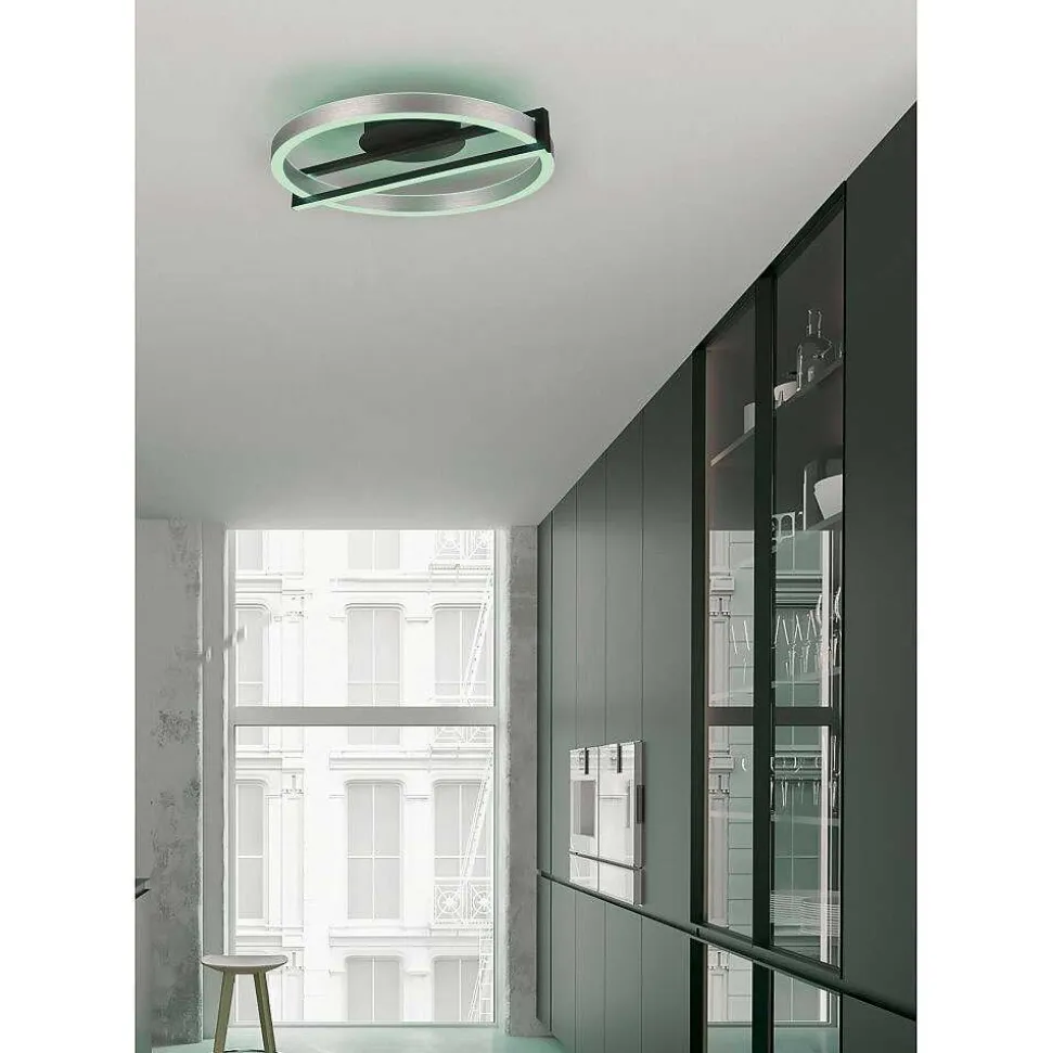 Plafonnier Trio Thompson Led Aluminium Brosse, 1 Lumiere, Telecommandes, Changeur De Couleurs