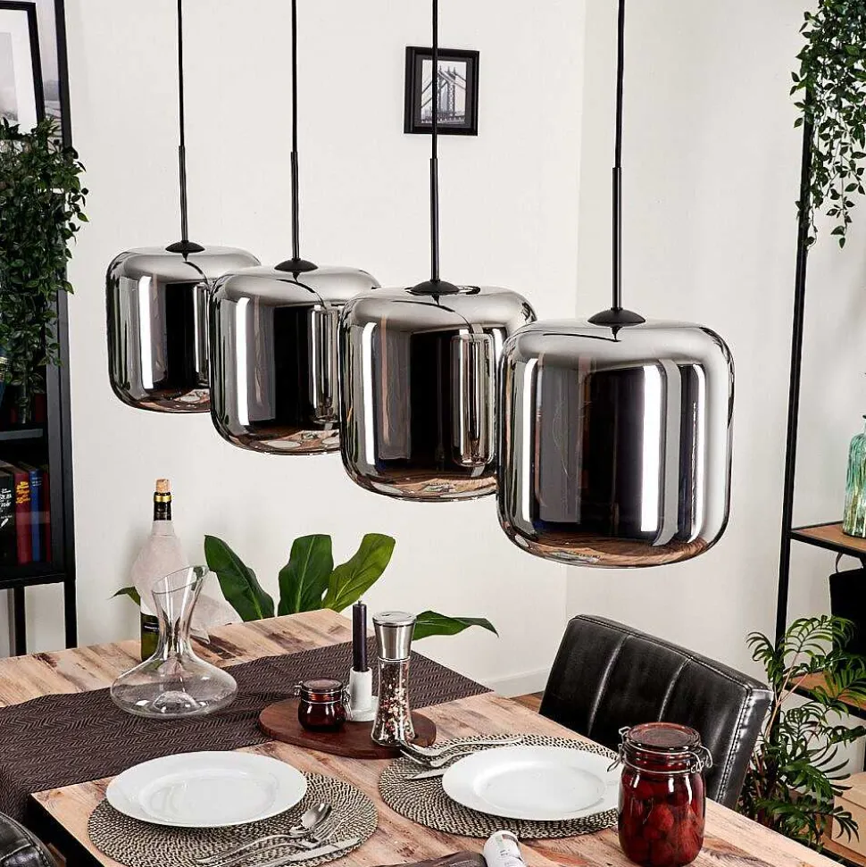 Suspension - Verre Lauden Chrome, Fume, 4 Lumieres