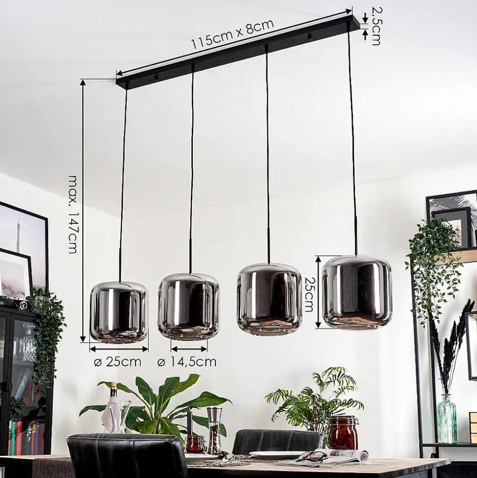 Suspension - Verre Lauden Chrome, Fume, 4 Lumieres